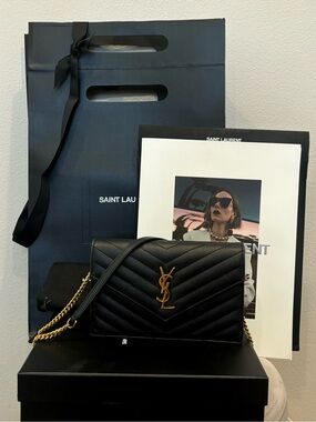 Saint Laurent Cassandra 
 Black Envelope Chain Wallet